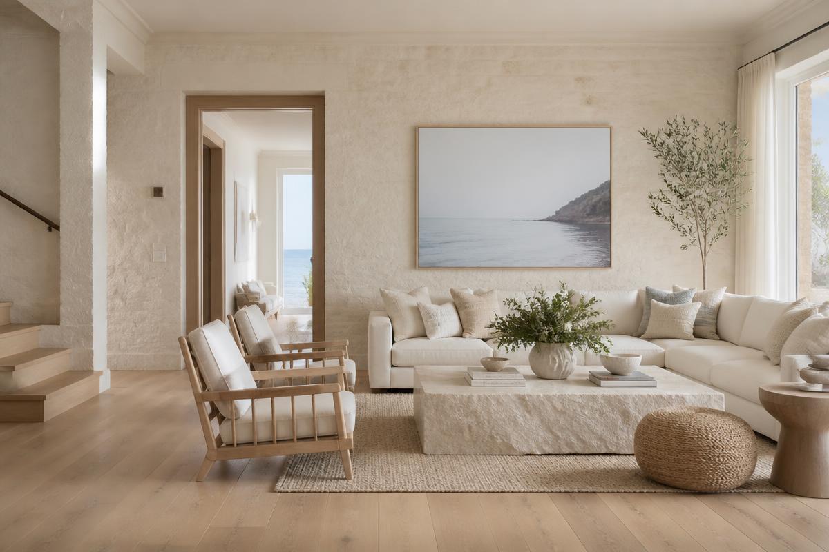 Limestone Hamptons-style home in Sorrento showing coastal interior design materials